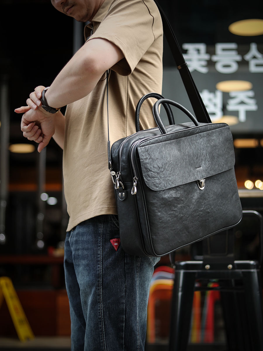 Leather Briefcase - Luksusowe, czarne, męskie torby na ramię